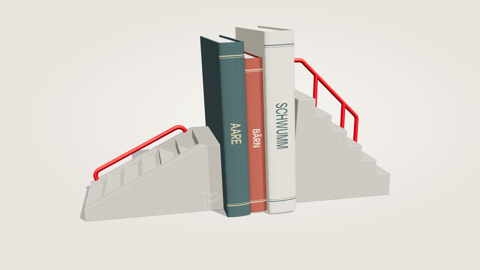 Das Paar: Aarestäge flach links, steil rechts, dazwischen drei Bücher